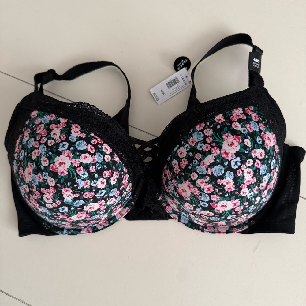Torrid NWT Rosewood Black Roses Flowers Spring 42DD Bra Plunge Push-Up Coquette - Picture 2 of 8
